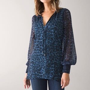 White House Black Market Blue Leopard Print Blouse Size M